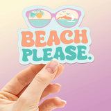 Beach Please Funny Beach Quote Sticker on Pink Background