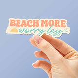 Beach More Worry Less Funny Beach Quote Sticker on Blue Background