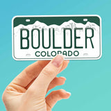 Boulder Colorado License Plate Sticker on Blue Background
