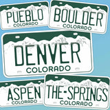 Denver Colorado License Plate Stickers Set on Blue Background