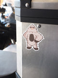 Confident Bigfoot Die Cut Sticker on Motorcycle Panniers