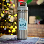 Baby It's Cold Outside Sticker on Water Bottle in front of Christmas Tree