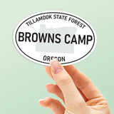Large Browns Camp OR White Oval Bumper Sticker, Oregon Stickers for Hydroflask Water Bottle, Pacific Northwest Tillamook Forest Offroad OHV Decal