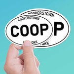 White Oval Cooperstown NY Bumper Sticker Large and Small Size Comparison