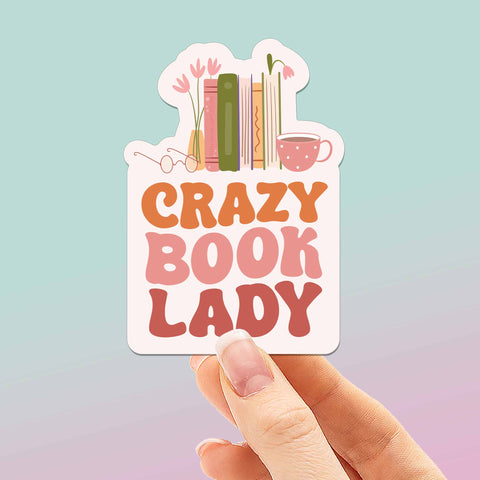 Crazy Book Lady Reading Sticker on Blue Background