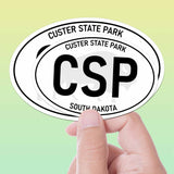 Custer State Park South Dakota White Oval Sticker Small and Large Decal Size Comparison