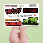 Video Game Sticker Sheet with Funny Gaming Quotes. Set of 7 Mini Decals Included: Oregon Trail Dysentery, You Died Dark Souls, Wasted GTA, Mortal Kombat Fatality, Pixel Art Heart, Game Over, Press F to Pay Respects Stickers