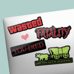 Video Game Sticker Sheet with Funny Gaming Quotes. Set of 7 Mini Decals Included: Oregon Trail Dysentery, You Died Dark Souls, Wasted GTA, Mortal Kombat Fatality, Pixel Art Heart, Game Over, Press F to Pay Respects Stickers