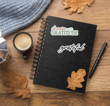 Grateful and Choose Gratitude Thanksgiving Stickers on Notebook with Coffee Mug and Fall Leaves