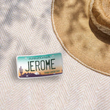 Jerome Arizona License Plate Stickers on Beach Blanket