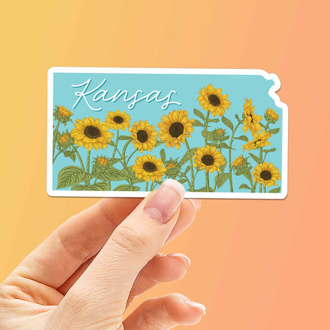 Kansas Sunflower Bumper Sticker on Orange Background
