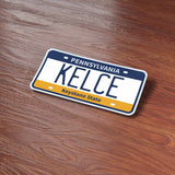 Kelce Philly Sports Pennsylvania License Plate Sticker on wood background