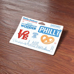 Philly Sticker Sheet Set of 6 Mini Philadelphia Decals - Wooder, Rocky, Love Park Sculpture, Liberty Bell, Soft Pretzel, and Center City Skyline