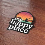 Retro Sunset My Happy Place Lake Sticker on Wood Desk in Office