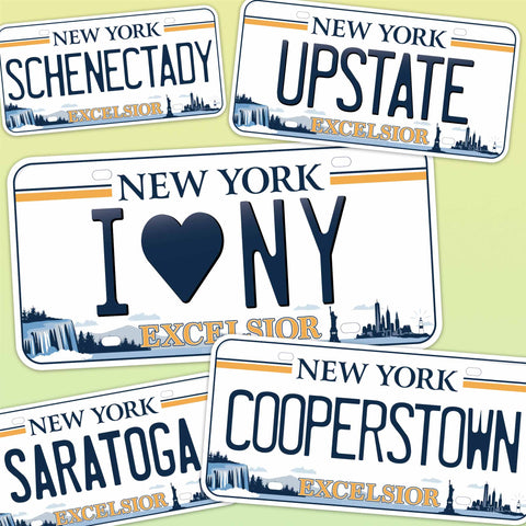 Collage of New York License Plate Sticker Options