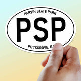 Large Parvin State Park NJ White Oval Bumper Sticker, New Jersey Decal for Hydroflask Water Bottle & Laptop, South Jersey Girl Gift
