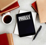 Rocky Philadelphia Art Museum Steps Philly Sticker on Kindle eReader Tablet with Coffee Mug and Books