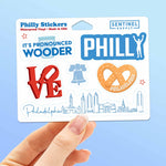 Philly Sticker Sheet Set of 6 Mini Philadelphia Decals - Wooder, Rocky, Love Park Sculpture, Liberty Bell, Soft Pretzel, and Center City Skyline