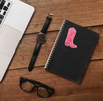 Pink Cowgirl Boot Sticker on Journal with Laptop and Watch