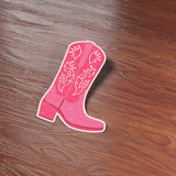 Pink Cowgirl Boot Sticker on Wood Desk in Office