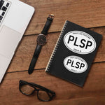 Small and Large Set of 2 Priest Lake State Park Idaho White Oval Stickers on Journal with Macbook