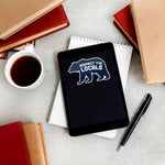 Blue Respect the Locals Bear Sticker on Kindle Tablet with Coffee Mug