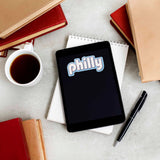 Cute Retro Philly Sticker on Kindle eReader Tablet with Coffee Mug and Books