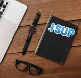 SUP Standup Paddleboard Sticker on Journal with Macbook and Watch on Wood Desk in Office