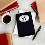 Spokane Valley Washington White Oval Stickers on Kindle Tablet with Coffee Mug