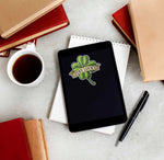 St Patty's Day Stay Lucky 4 Leaf Clover Sticker on Kindle eReader Tablet with Coffee Mug and Books