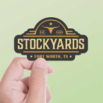Fort Worth Stockyards Sticker in hand