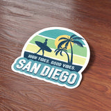 San Diego Beach Sticker on Wood Desk in Office