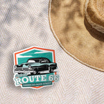 Cute Rte 66 Classic Car Sticker Outdoors on Beach Blanket