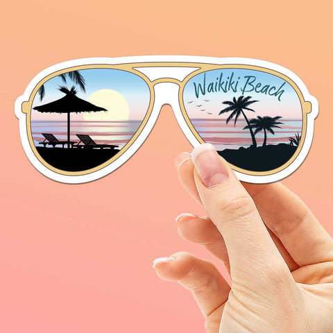 Waikiki Beach Sunglasses Bumper Sticker for Hydroflask Water Bottle - Cute Honolulu Hawaii Decals for Laptop - Oahu HI Gifts