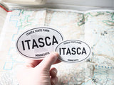 Itasca State Park Minnesota White Oval Sticker - 3" & 4" Size Comparison