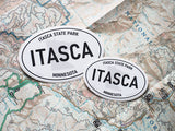 Itasca State Park Minnesota White Oval Sticker - 3" & 4" Size Comparison