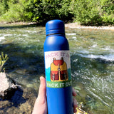 Pack It In, Pack It Out Backpack Sticker on Water Bottle